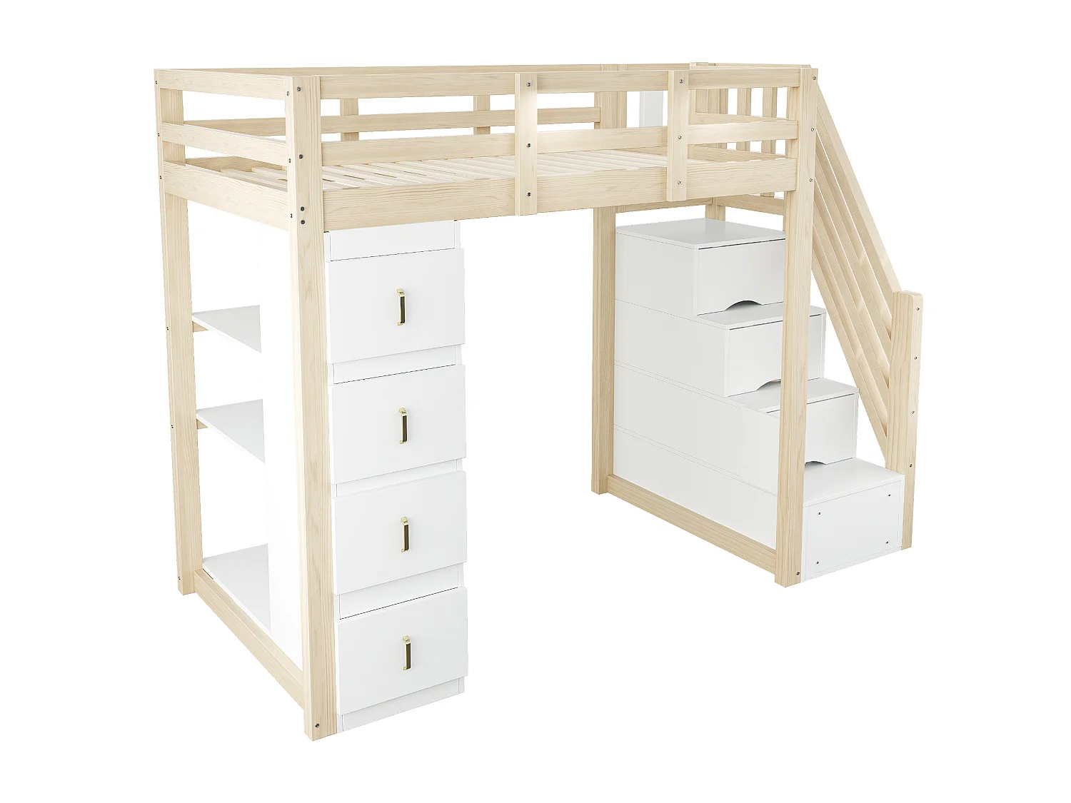 Cama mezanino 90x200cm em madeira maciça - com 4 gavetas e escada de arrumação - Natural (colchão não incluído)
