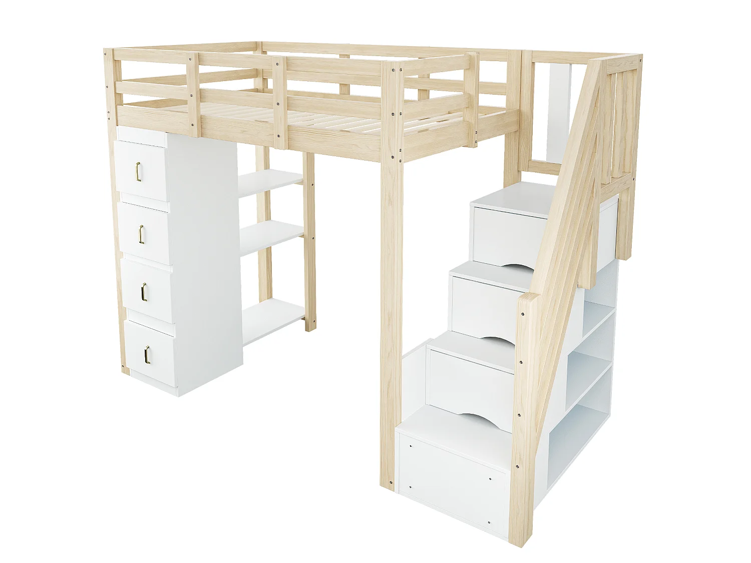 Cama mezanino 90x200cm em madeira maciça - com 4 gavetas e escada de arrumação - Natural (colchão não incluído)