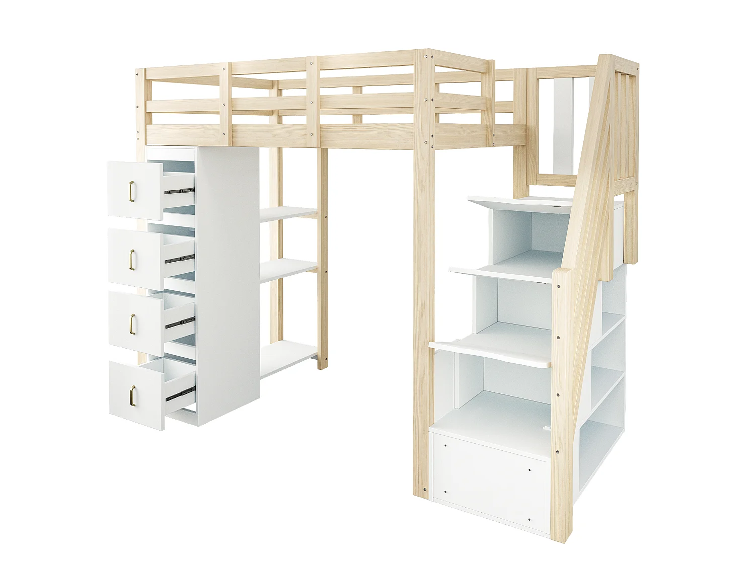 Cama mezanino 90x200cm em madeira maciça - com 4 gavetas e escada de arrumação - Natural (colchão não incluído)