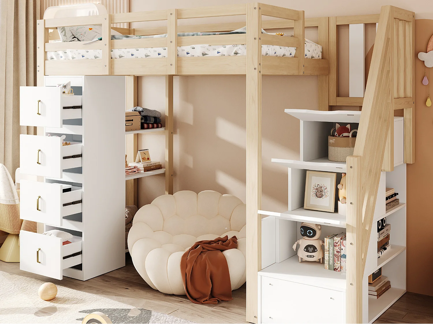 Cama mezanino 90x200cm em madeira maciça - com 4 gavetas e escada de arrumação - Natural (colchão não incluído)