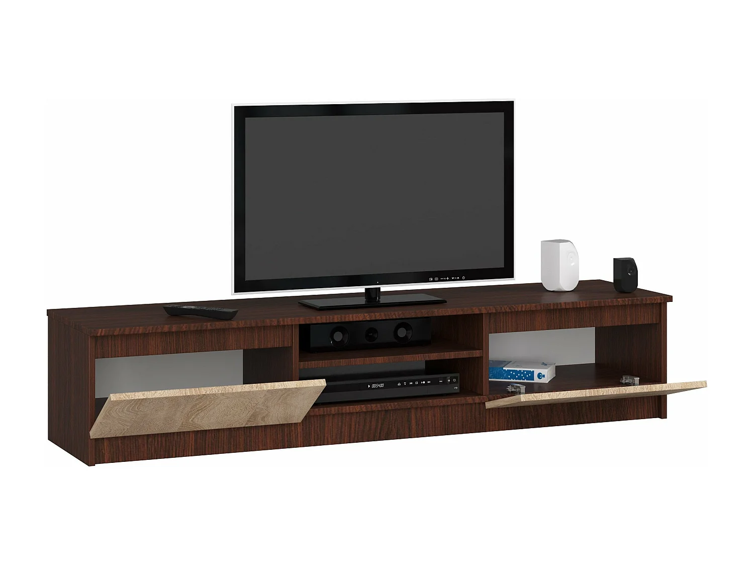 meuble tv marron 160 cm 2 portes couleur bois 2 étagères 160x40x33 cm