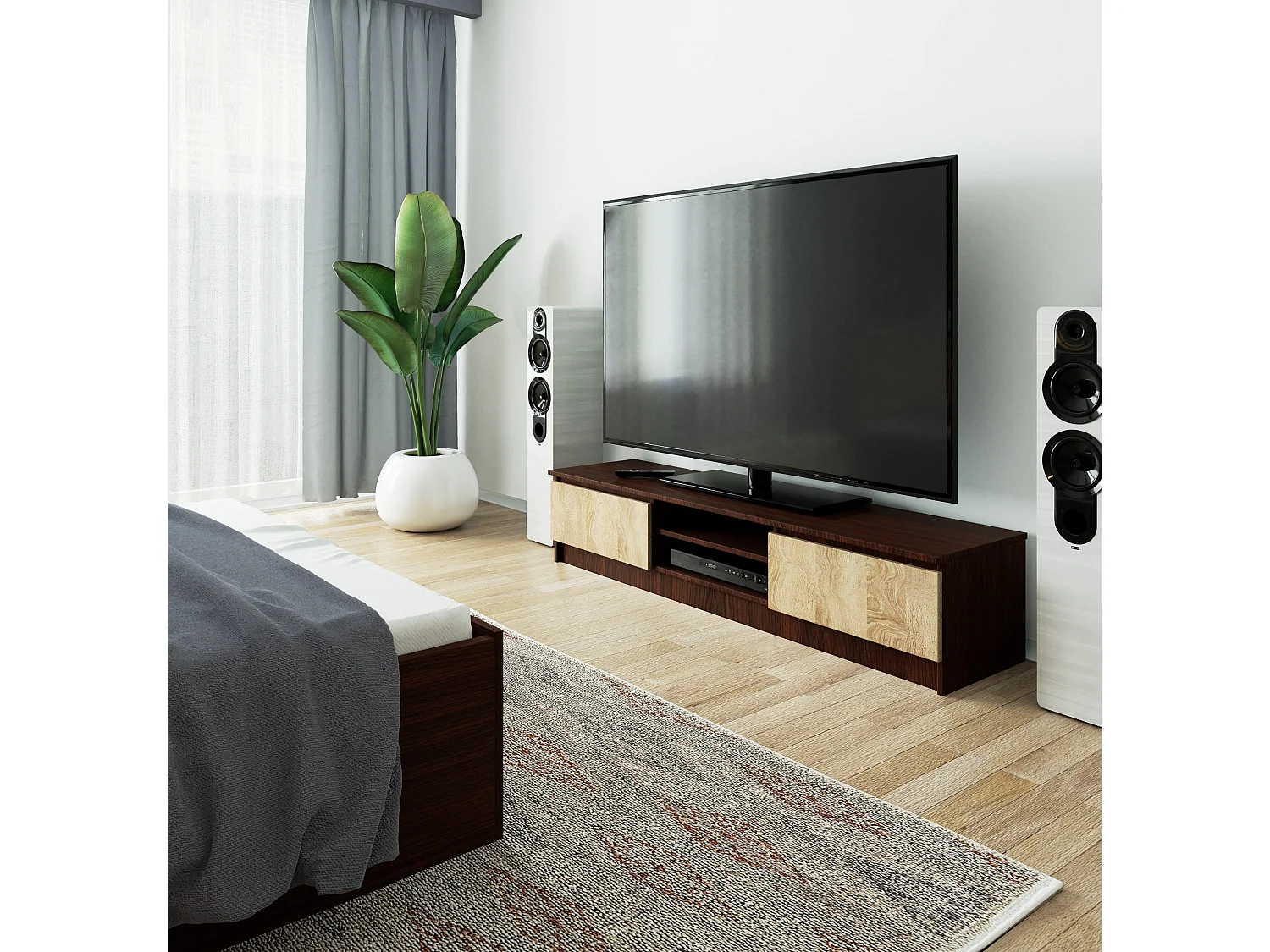 meuble tv marron 160 cm 2 portes couleur bois 2 étagères 160x40x33 cm