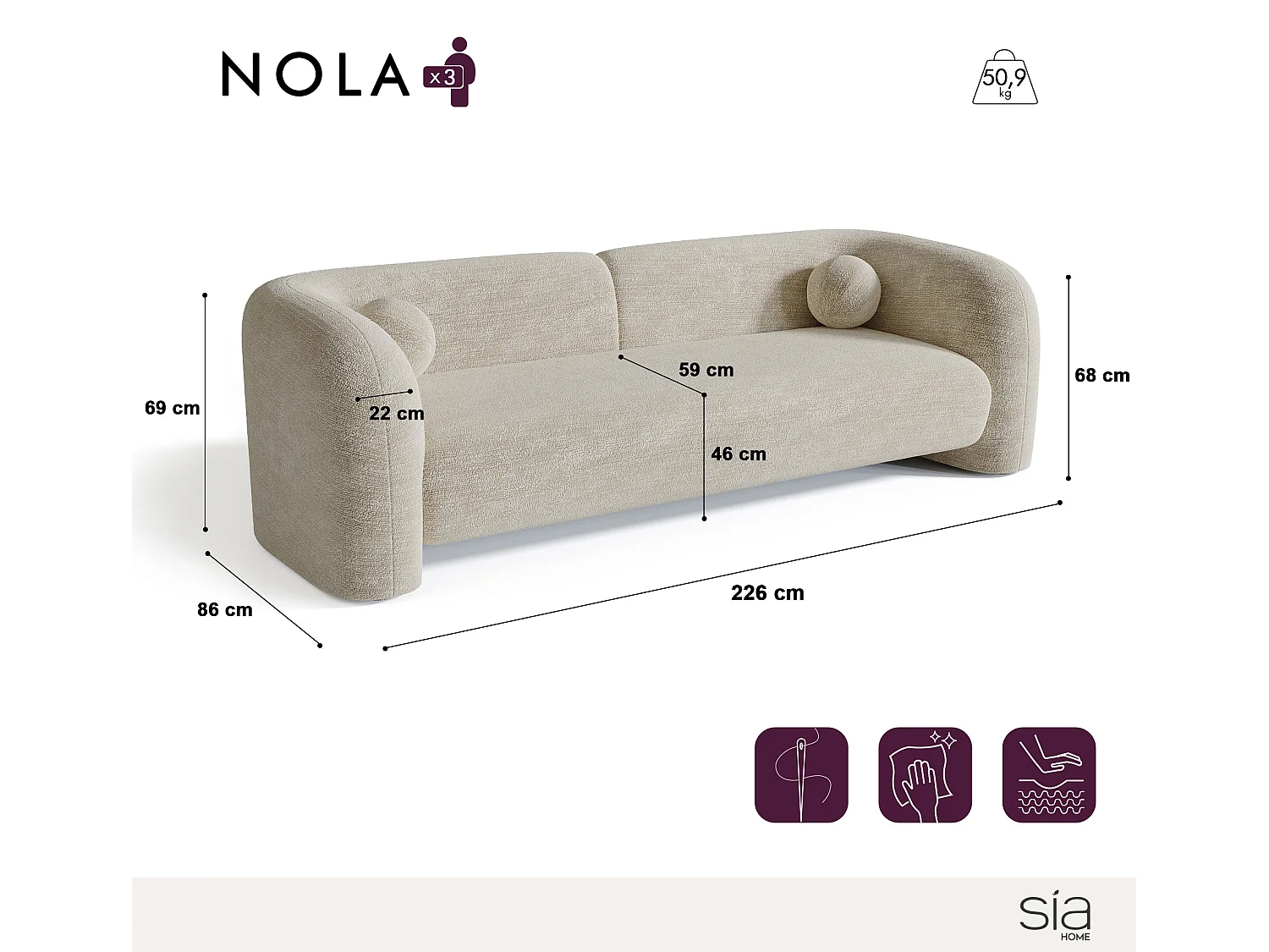 Canapé 3 places velours à motifs kaki 226cm NOLA