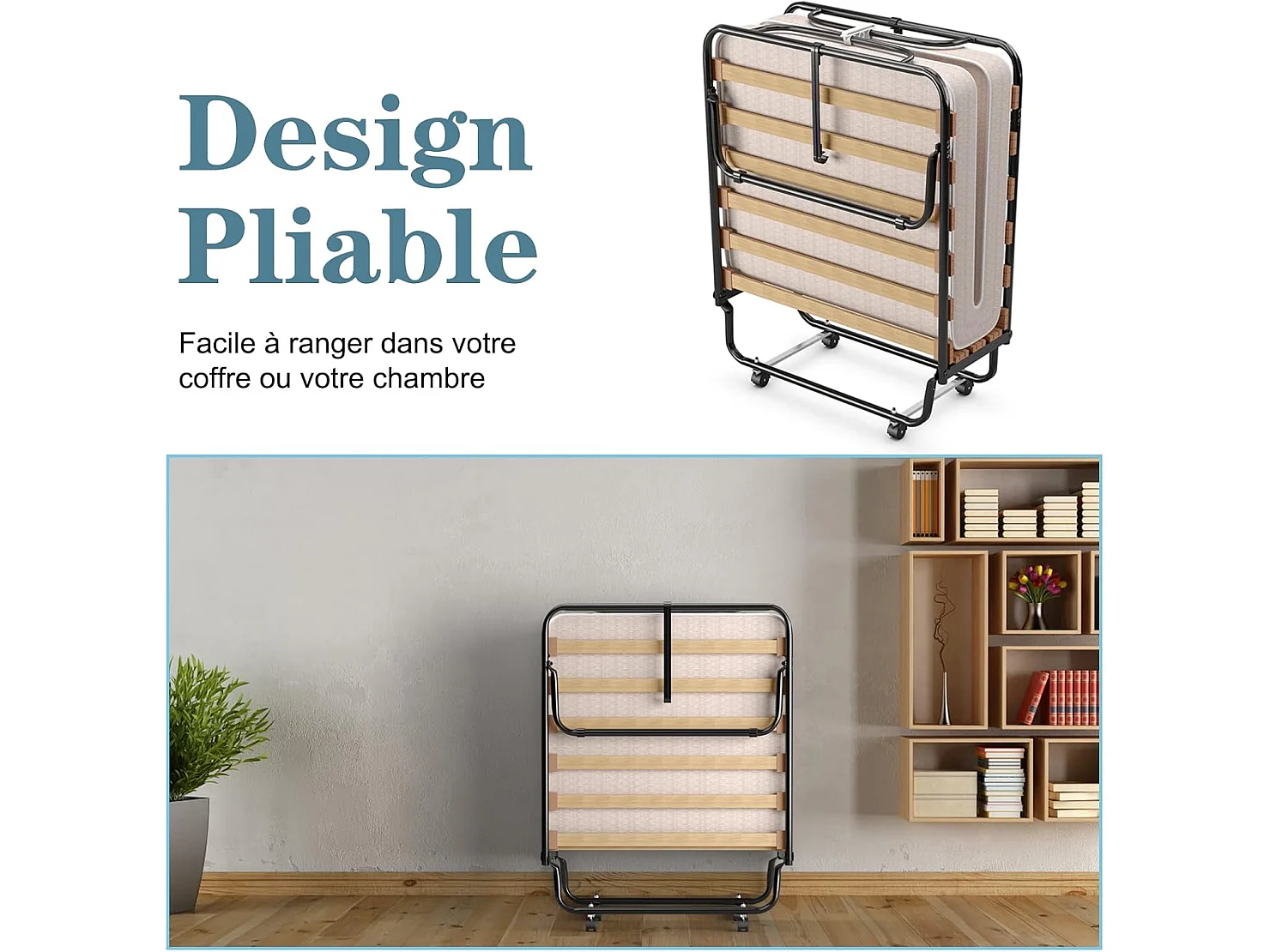 Lit Pliant (Fabriqué en Italie) 1 Personne Adulte 80 x 190 cm, avec Matelas Orthopédique en Mémoire 10 cm, Charge 120 kg, Lit d’Appoint Pliable à 4 roulettes et Sommier à 15 Lattes de Bois pour invités, Beige