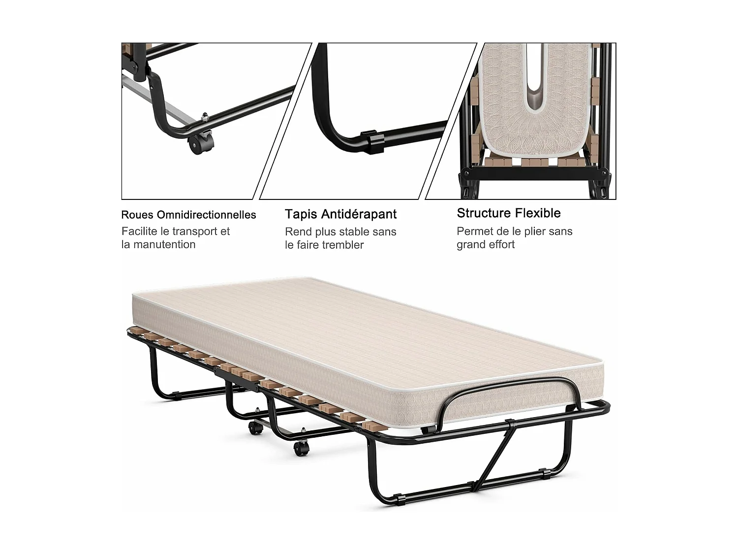 Lit Pliant (Fabriqué en Italie) 1 Personne Adulte 80 x 190 cm, avec Matelas Orthopédique en Mémoire 10 cm, Charge 120 kg, Lit d’Appoint Pliable à 4 roulettes et Sommier à 15 Lattes de Bois pour invités, Beige