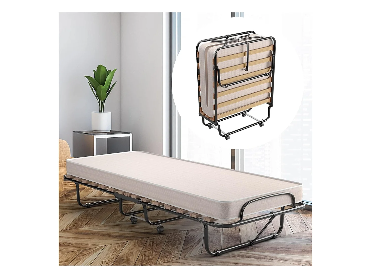 Lit Pliant (Fabriqué en Italie) 1 Personne Adulte 80 x 190 cm, avec Matelas Orthopédique en Mémoire 10 cm, Charge 120 kg, Lit d’Appoint Pliable à 4 roulettes et Sommier à 15 Lattes de Bois pour invités, Beige