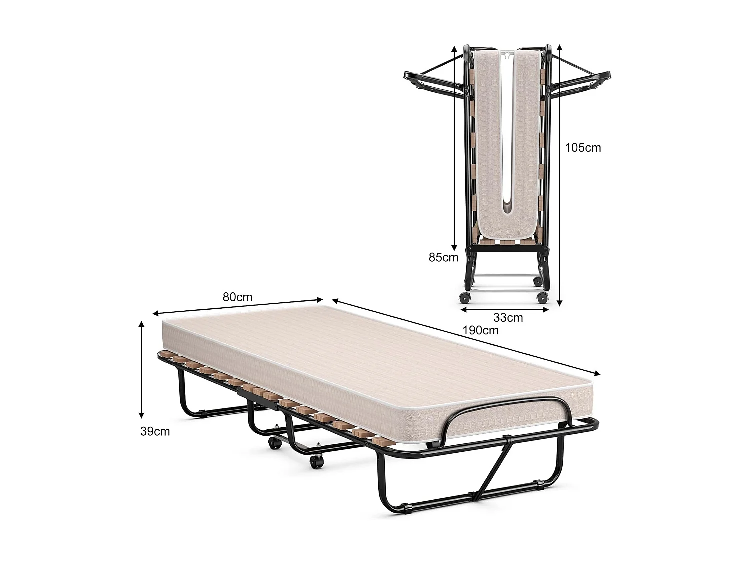 Lit Pliant (Fabriqué en Italie) 1 Personne Adulte 80 x 190 cm, avec Matelas Orthopédique en Mémoire 10 cm, Charge 120 kg, Lit d’Appoint Pliable à 4 roulettes et Sommier à 15 Lattes de Bois pour invités, Beige