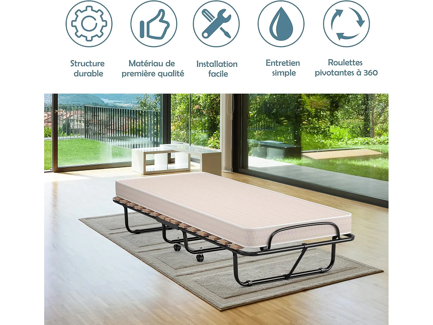 Lit Pliant (Fabriqué en Italie) 1 Personne Adulte 80 x 190 cm, avec Matelas Orthopédique en Mémoire 10 cm, Charge 120 kg, Lit d’Appoint Pliable à 4 roulettes et Sommier à 15 Lattes de Bois pour invités, Beige