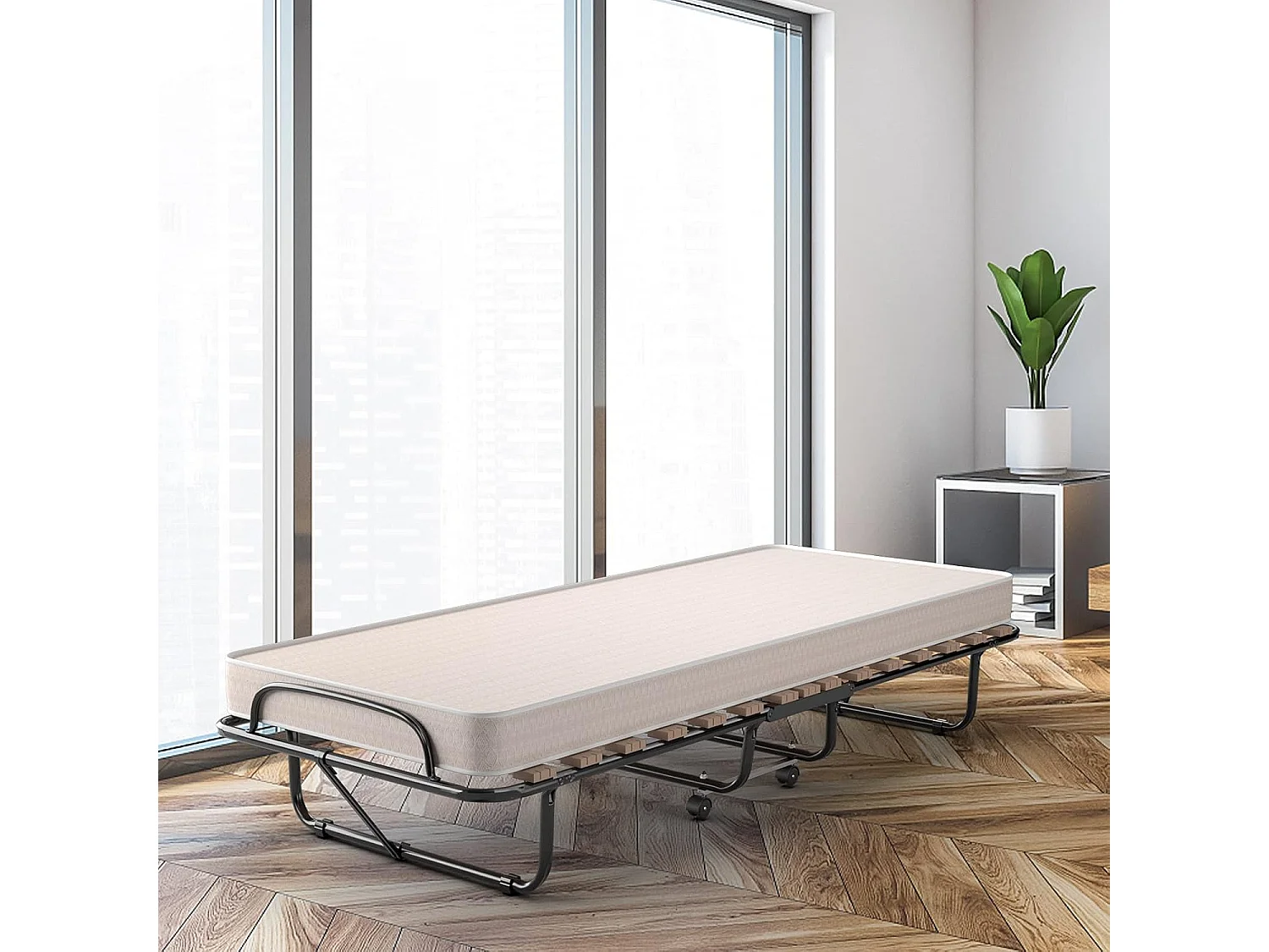 Lit Pliant (Fabriqué en Italie) 1 Personne Adulte 80 x 190 cm, avec Matelas Orthopédique en Mémoire 10 cm, Charge 120 kg, Lit d’Appoint Pliable à 4 roulettes et Sommier à 15 Lattes de Bois pour invités, Beige