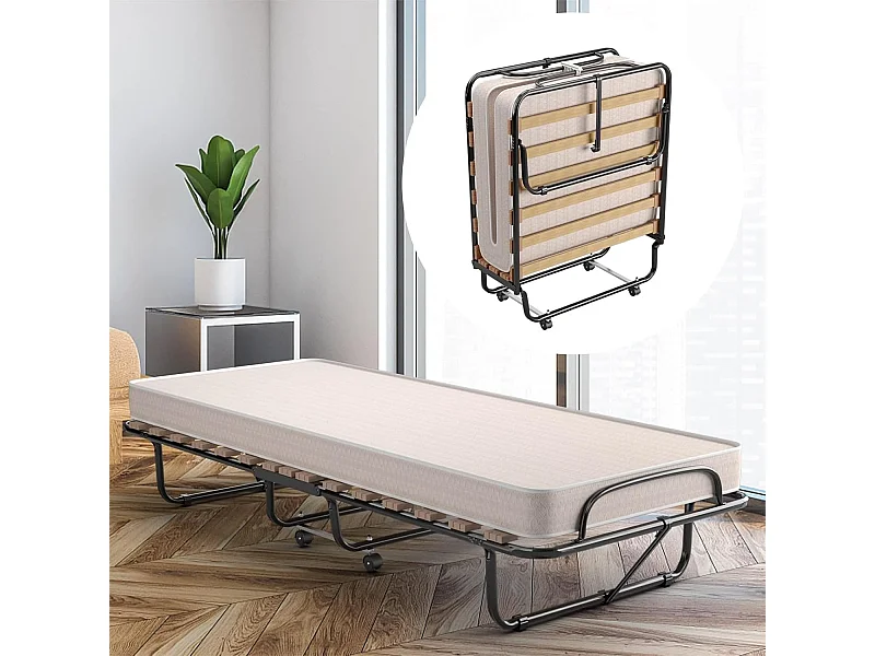 Lit Pliant (Fabriqué en Italie) 1 Personne Adulte 80 x 190 cm, avec Matelas Orthopédique en Mémoire 10 cm, Charge 120 kg, Lit d’Appoint Pliable à 4 roulettes et Sommier à 15 Lattes de Bois pour invités, Beige