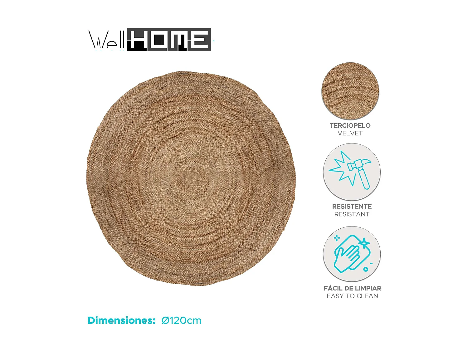 Tapis en jute Well Home Ø120x5cm style bohème et écologique