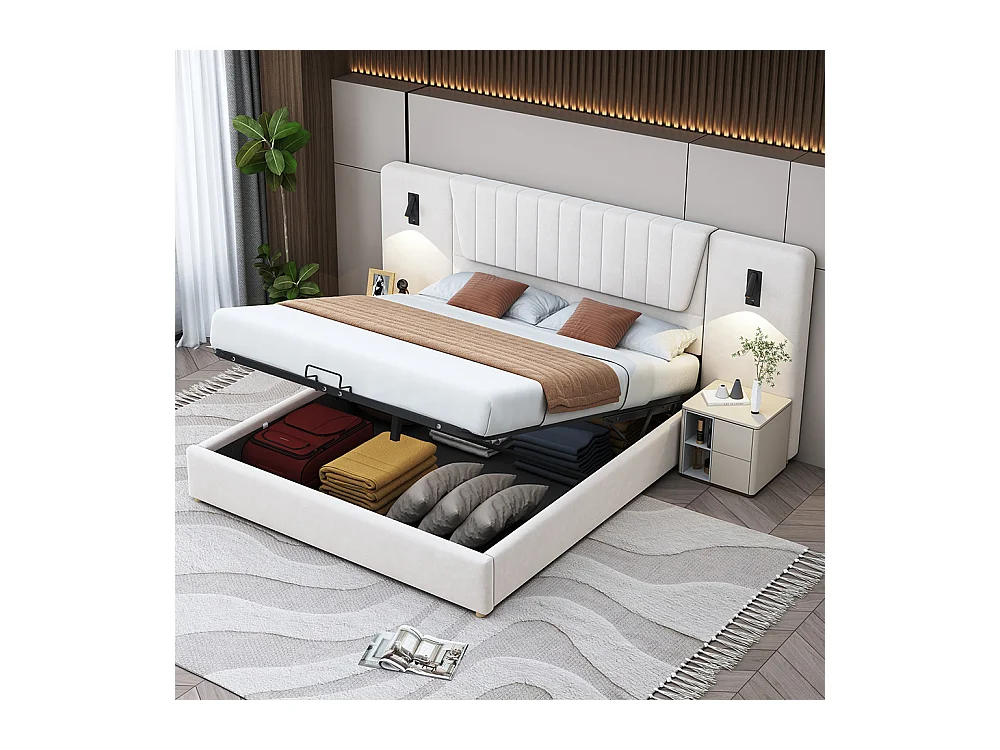 Lit coffre Lit adulte 180 x 200 avec dossier long Lampe de lecture Prise de charge USB Lit de rangement velours Beige