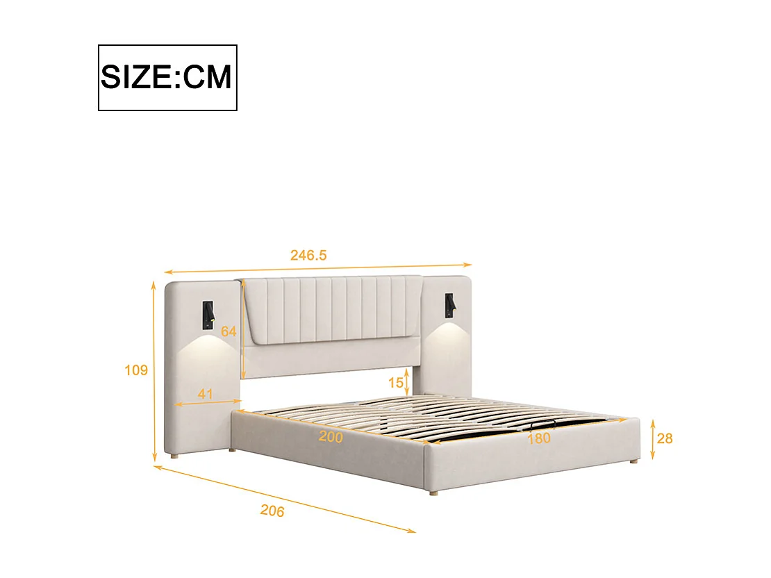 Lit coffre Lit adulte 180 x 200 avec dossier long Lampe de lecture Prise de charge USB Lit de rangement velours Beige