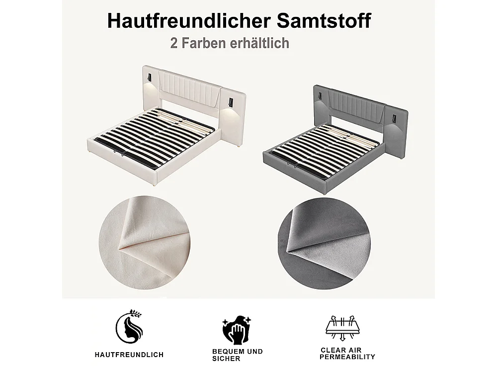 Lit coffre Lit adulte 180 x 200 avec dossier long Lampe de lecture Prise de charge USB Lit de rangement velours Beige