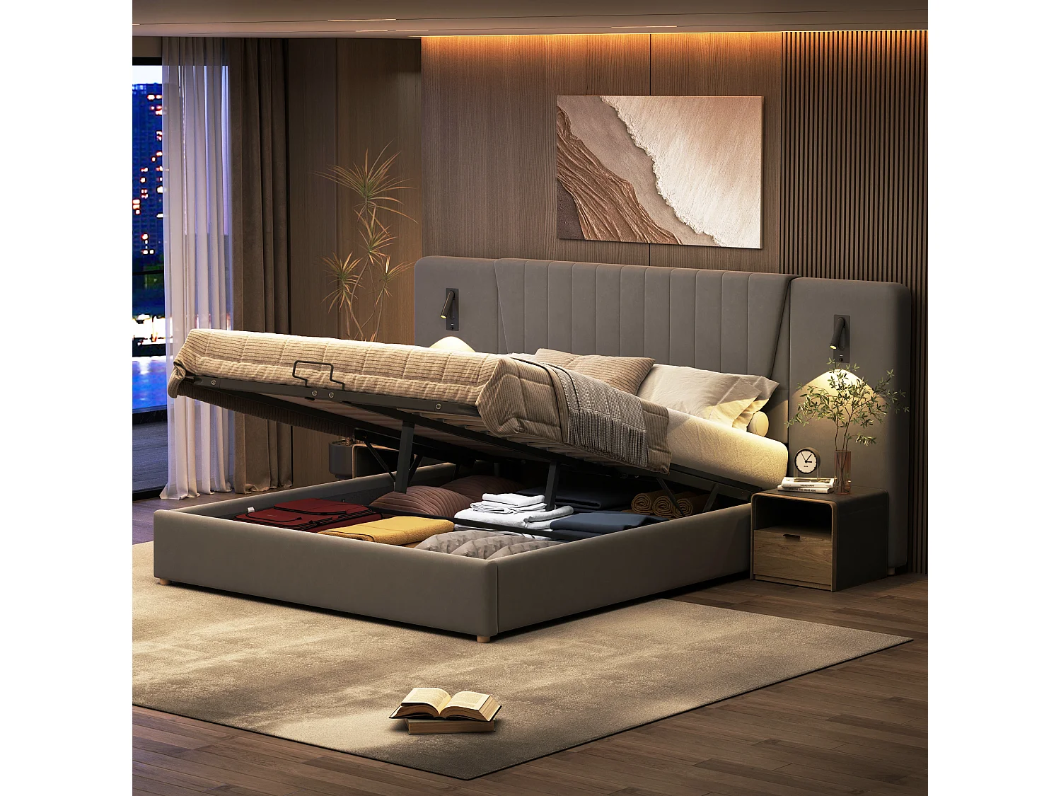 Lit coffre Lit adulte 180 x 200 avec dossier long Lampe de lecture Prise de charge USB Lit de rangement velours Gris