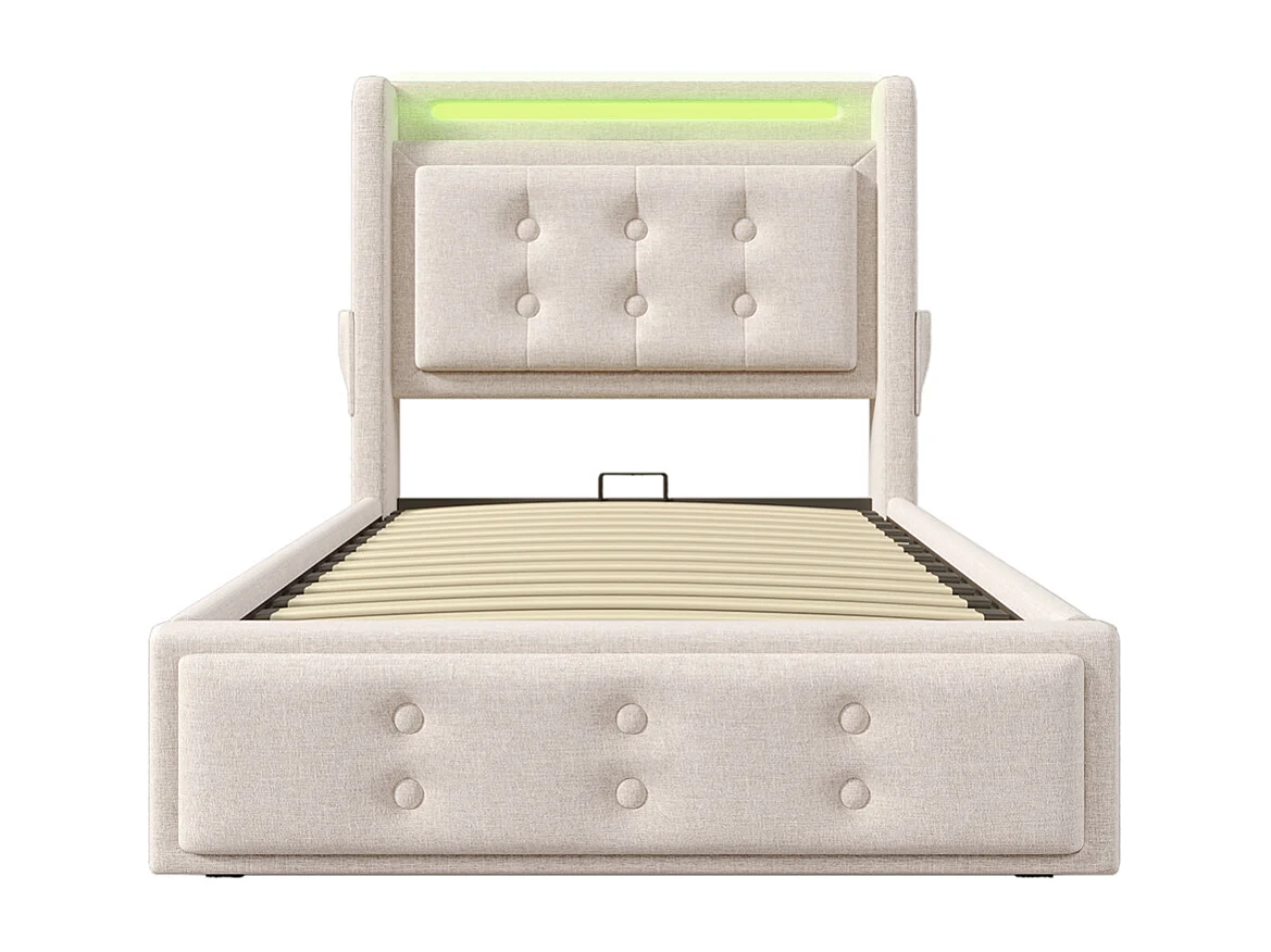 Lit coffre 90 x 200 avec tête de lit LED et fonction de recharge USB C avec sommier à lattes Sans matelas Coton Beige