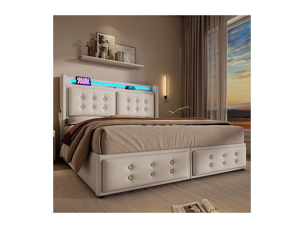 Lit coffre 180x200 avec tête de lit LED et fonction de recharge USB C avec sommier à lattes Sans matelas Coton Beige