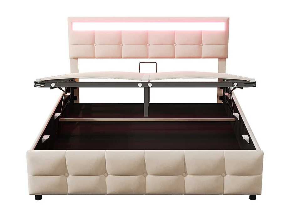 Lit coffre Lit avec rangement 180 x 200 cm avec lampes LED sommier à lattes hydraulique Beige