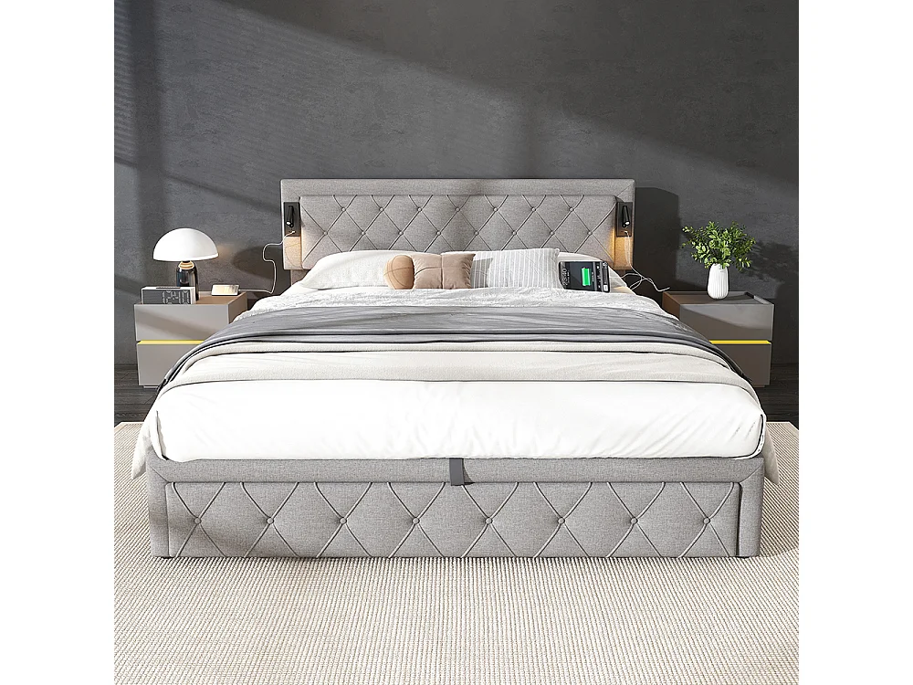 Lit coffre 180x200 cm Hydraulique avec Downlight USB Lampe Sommier à Lattes Bois Tête de Lit Losange Espace de Rangement Gris