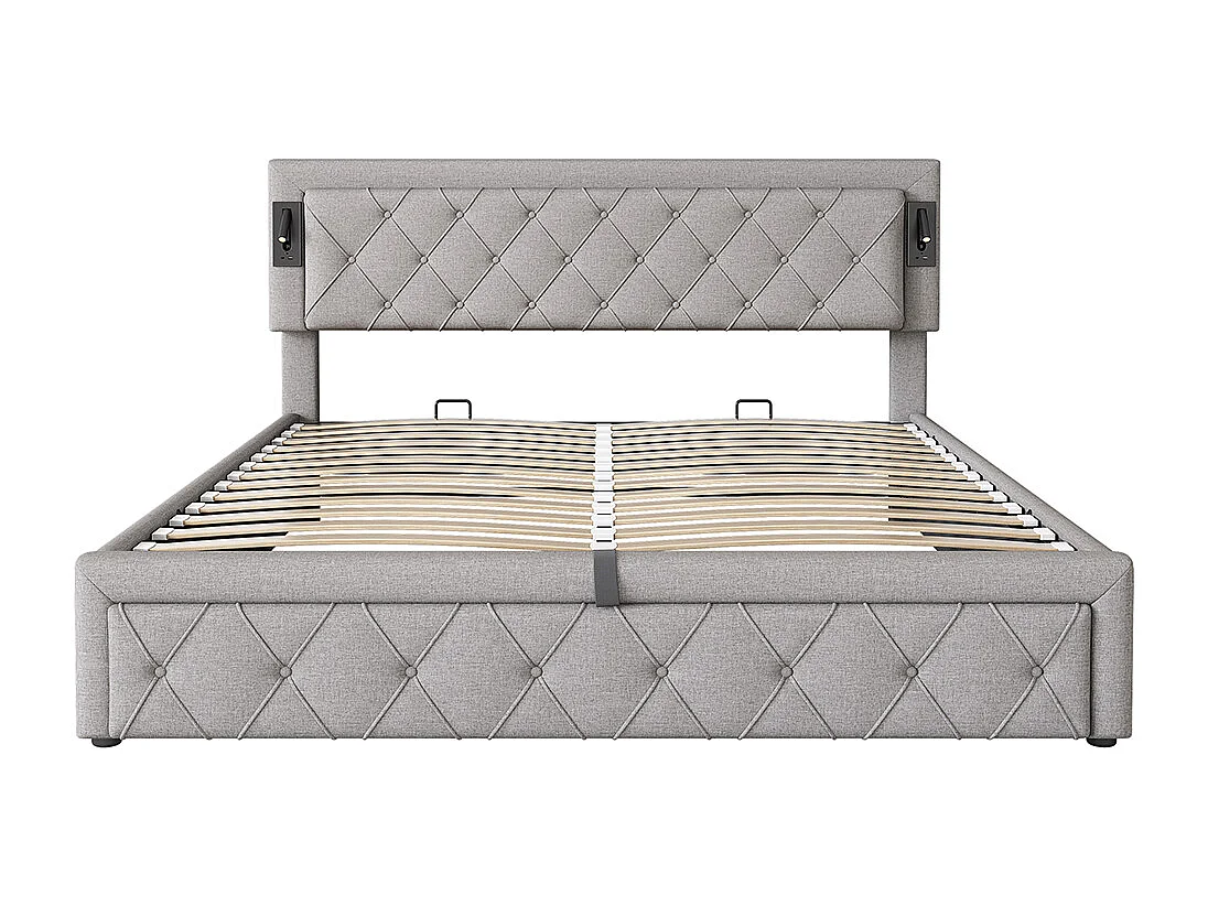 Lit coffre 180x200 cm Hydraulique avec Downlight USB Lampe Sommier à Lattes Bois Tête de Lit Losange Espace de Rangement Gris