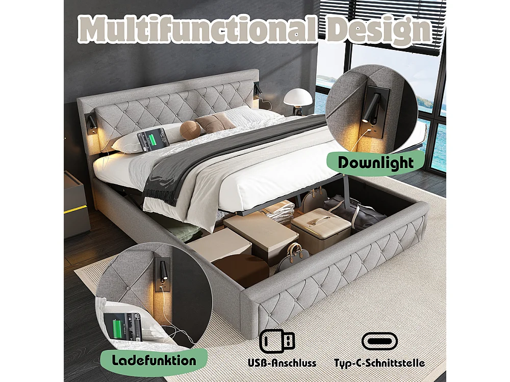 Lit coffre 180x200 cm Hydraulique avec Downlight USB Lampe Sommier à Lattes Bois Tête de Lit Losange Espace de Rangement Gris