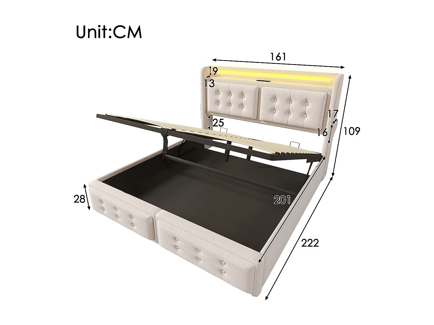 Lit coffre 160x200 avec tête de lit LED et fonction de recharge USB C avec sommier à lattes Sans matelas Coton Beige