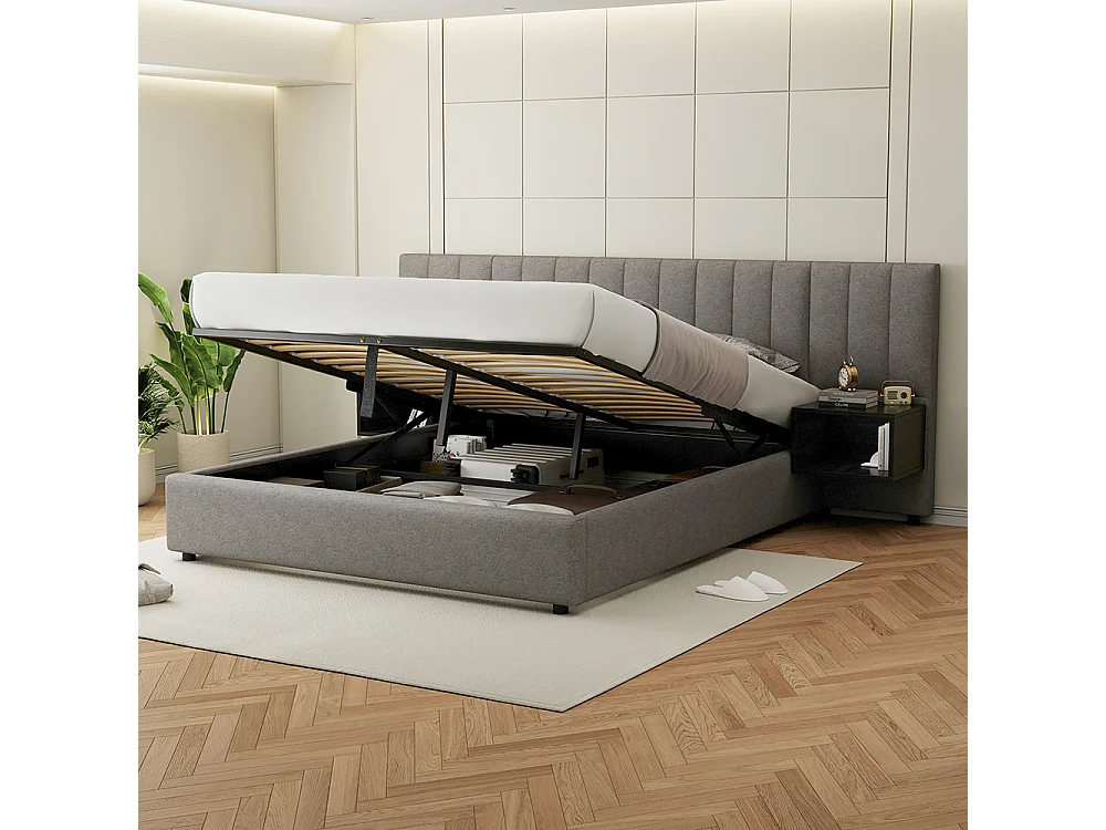 Lit coffre 160x200 cm Hydraulique avec USB Wireless Charging Lampe Rangement 2 Tables de Nuit Sommier Bois Montage Facile Gris + Noir