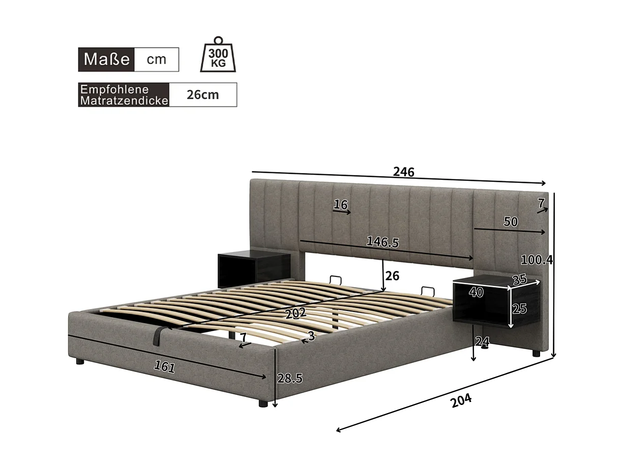 Lit coffre 160x200 cm Hydraulique avec USB Wireless Charging Lampe Rangement 2 Tables de Nuit Sommier Bois Montage Facile Gris + Noir