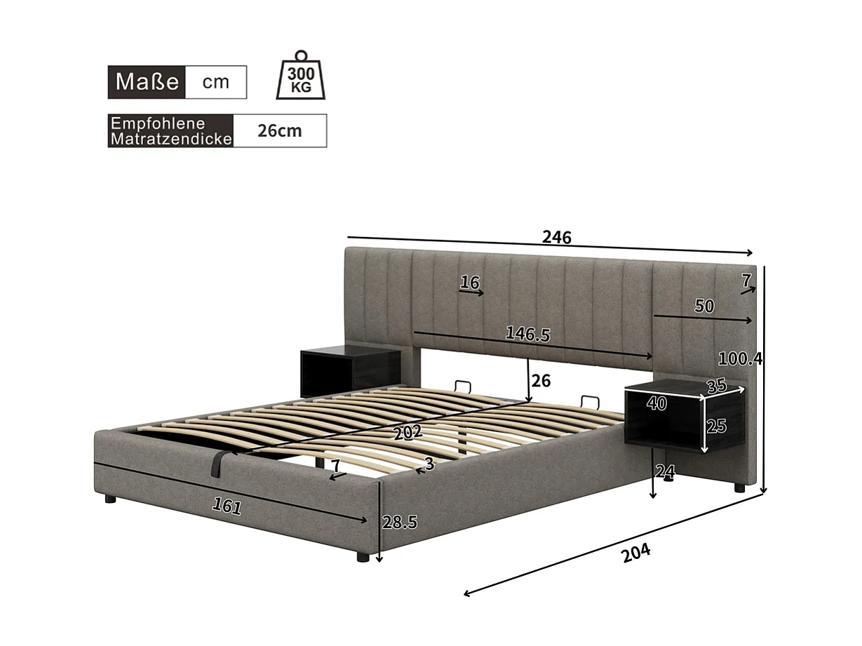 Lit coffre 160x200 cm Hydraulique avec USB Wireless Charging Lampe Rangement 2 Tables de Nuit Sommier Bois Montage Facile Gris + Noir