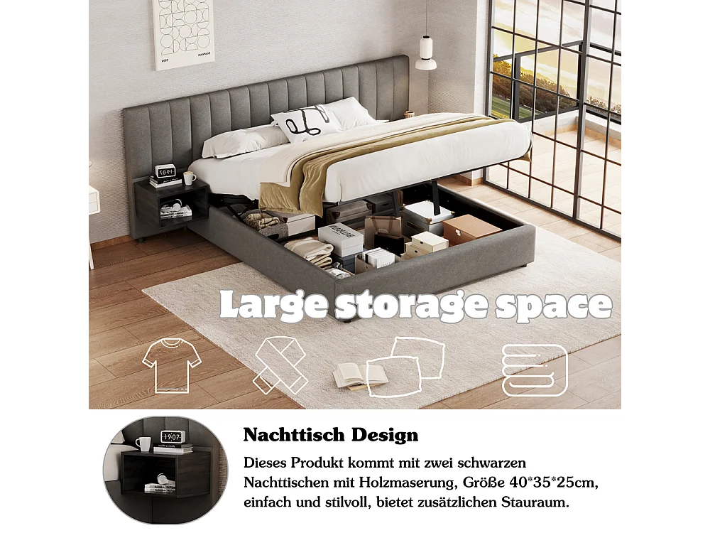 Lit coffre 160x200 cm Hydraulique avec USB Wireless Charging Lampe Rangement 2 Tables de Nuit Sommier Bois Montage Facile Gris + Noir