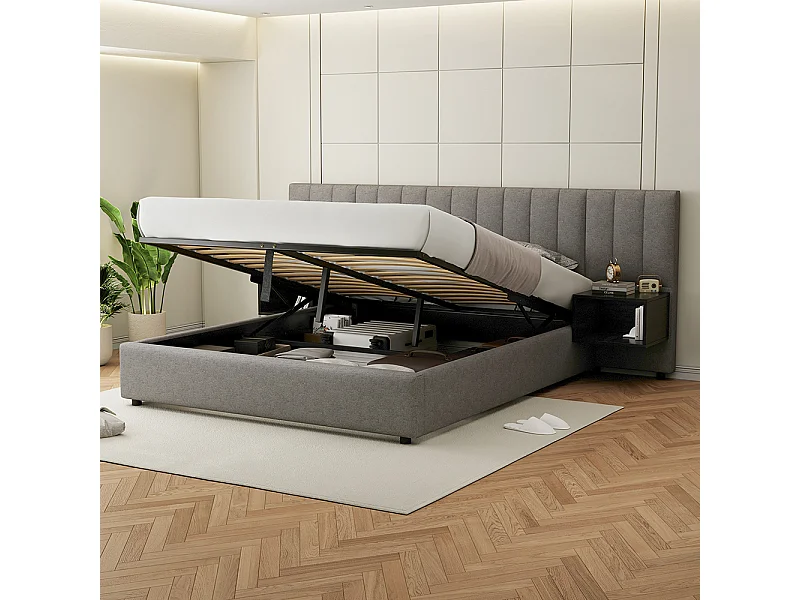 Lit coffre 160x200 cm Hydraulique avec USB Wireless Charging Lampe Rangement 2 Tables de Nuit Sommier Bois Montage Facile Gris + Noir