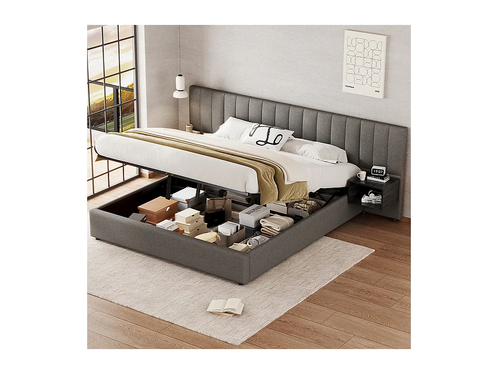 Lit coffre 180x200 cm Hydraulique avec USB Wireless Charging Lampe Rangement 2 Tables de Nuit Sommier Bois Facile à Monter Gris + Noir