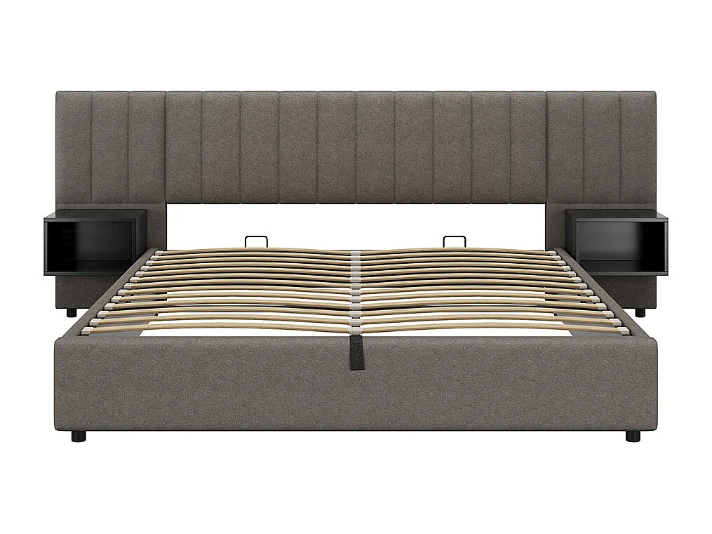 Lit coffre 180x200 cm Hydraulique avec USB Wireless Charging Lampe Rangement 2 Tables de Nuit Sommier Bois Facile à Monter Gris + Noir