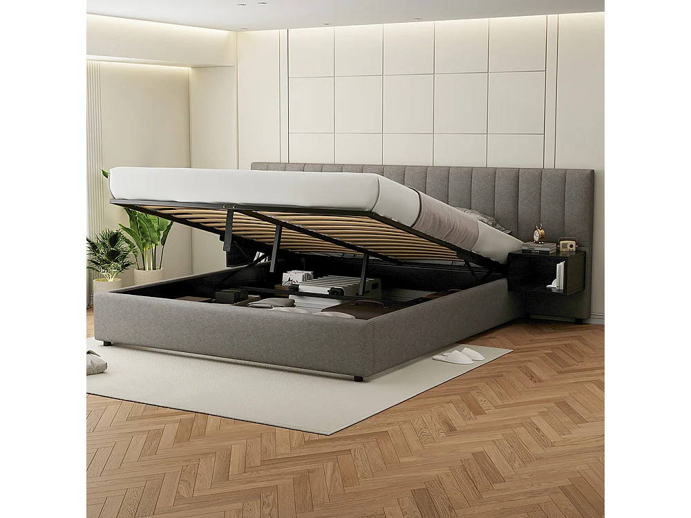 Lit coffre 180x200 cm Hydraulique avec USB Wireless Charging Lampe Rangement 2 Tables de Nuit Sommier Bois Facile à Monter Gris + Noir