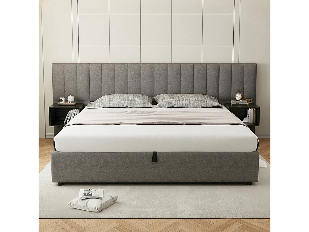 Lit coffre 180x200 cm Hydraulique avec USB Wireless Charging Lampe Rangement 2 Tables de Nuit Sommier Bois Facile à Monter Gris + Noir