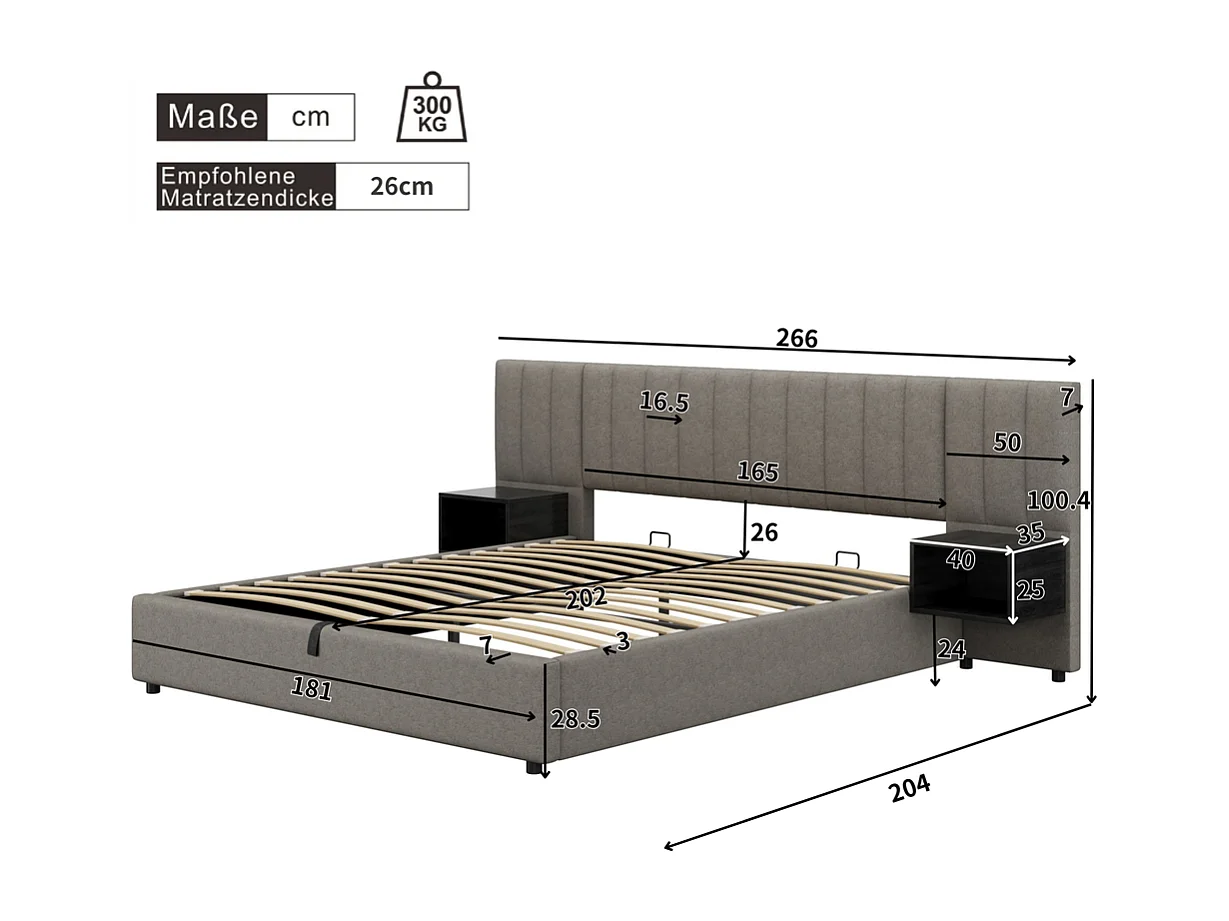 Lit coffre 180x200 cm Hydraulique avec USB Wireless Charging Lampe Rangement 2 Tables de Nuit Sommier Bois Facile à Monter Gris + Noir