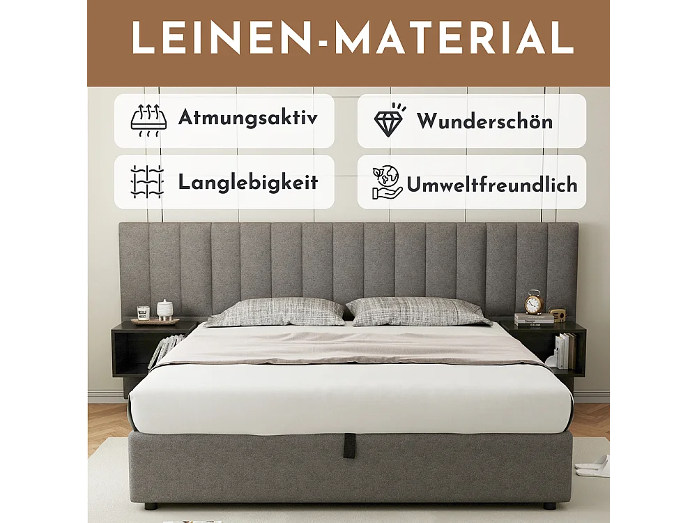 Lit coffre 180x200 cm Hydraulique avec USB Wireless Charging Lampe Rangement 2 Tables de Nuit Sommier Bois Facile à Monter Gris + Noir