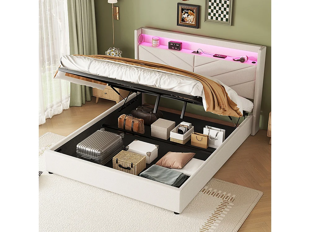 Lit coffre 160 x 200 cm Sans matelas Lampe d'ambiance Système hydraulique USB Chaîne hi-fi Linge Beige