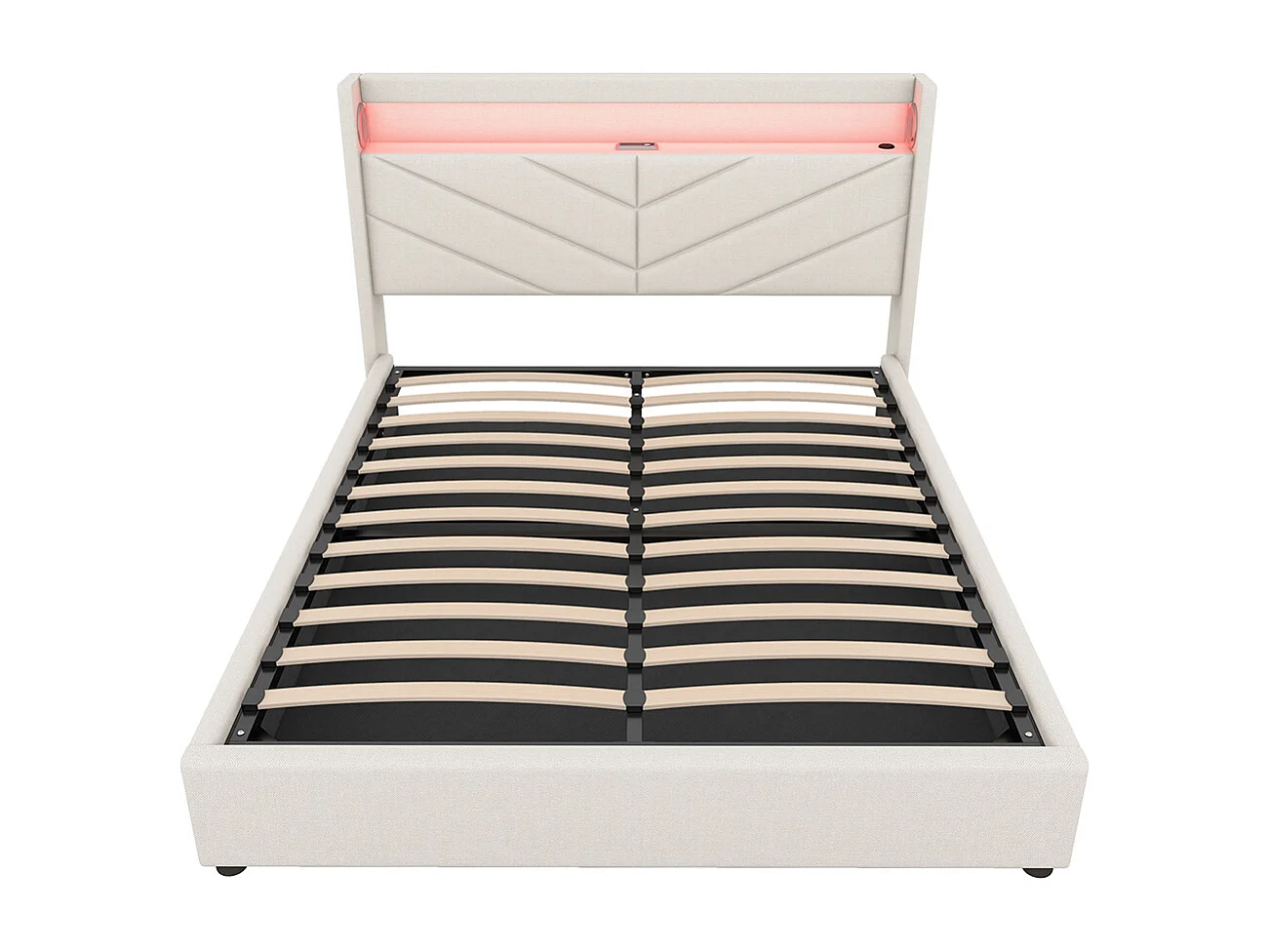 Lit coffre 160 x 200 cm Sans matelas Lampe d'ambiance Système hydraulique USB Chaîne hi-fi Linge Beige