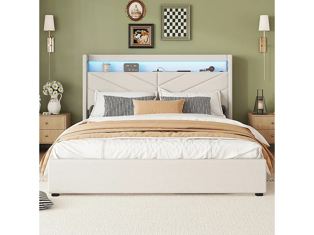 Lit coffre 160 x 200 cm Sans matelas Lampe d'ambiance Système hydraulique USB Chaîne hi-fi Linge Beige