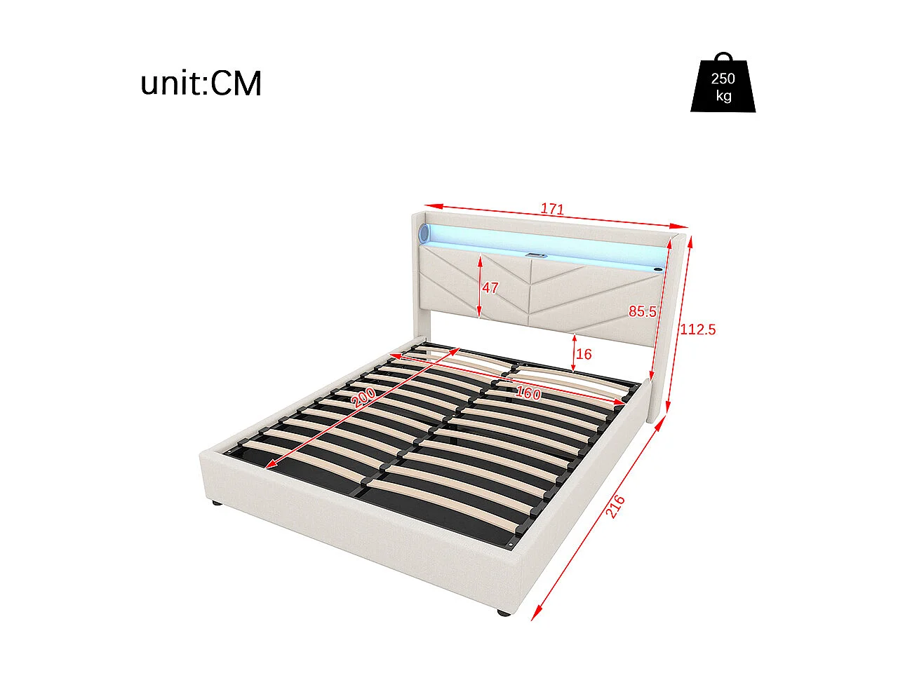 Lit coffre 160 x 200 cm Sans matelas Lampe d'ambiance Système hydraulique USB Chaîne hi-fi Linge Beige