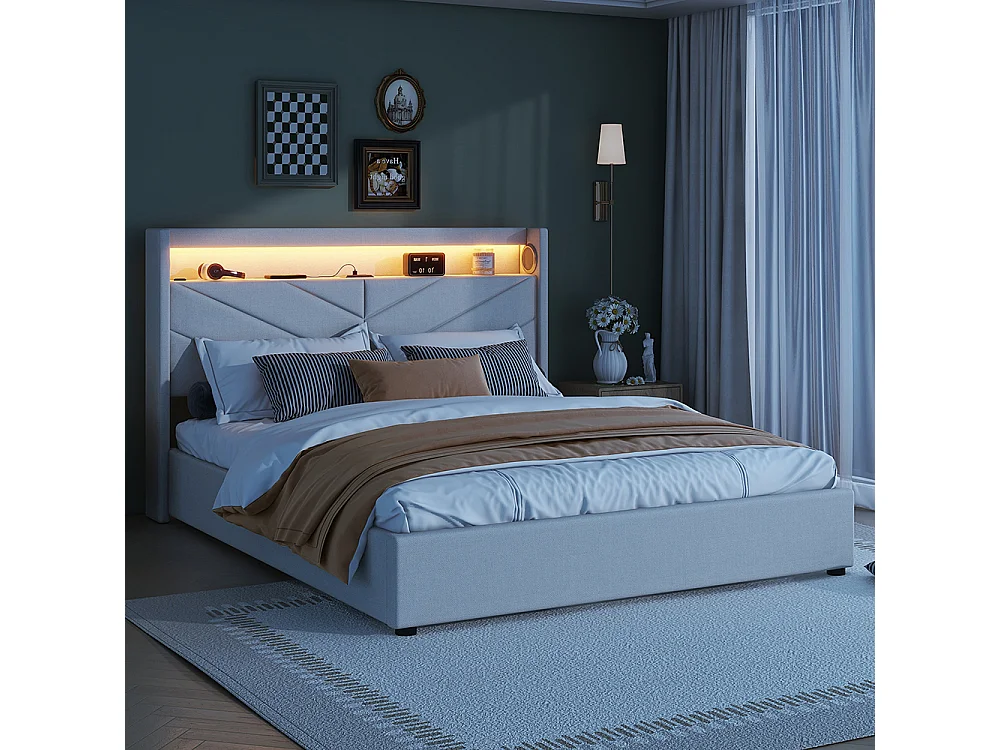Lit coffre 160 x 200 cm Sans matelas Lampe d'ambiance Système hydraulique USB Chaîne hi-fi Linge Beige