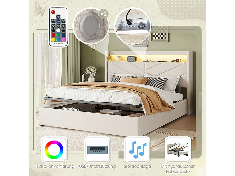 Lit coffre 160 x 200 cm Sans matelas Lampe d'ambiance Système hydraulique USB Chaîne hi-fi Linge Beige
