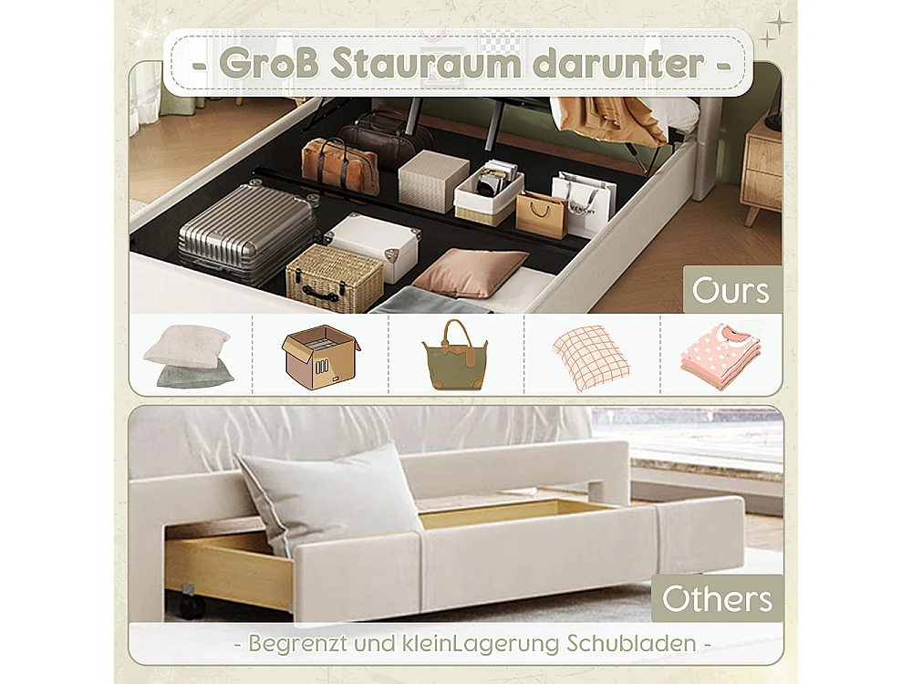 Lit coffre 160 x 200 cm Sans matelas Lampe d'ambiance Système hydraulique USB Chaîne hi-fi Linge Beige