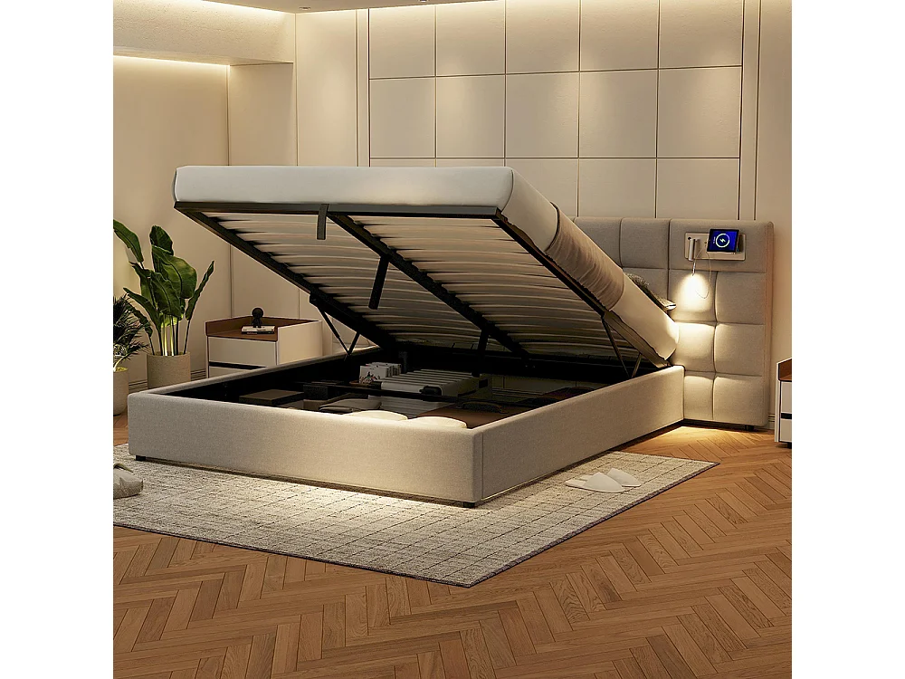 Lit coffre 180x200 cm Hydraulique avec USB Wireless Charging Lampe Éclairée Espace de Rangement Sommier Bois Montage Facile Lin Gris