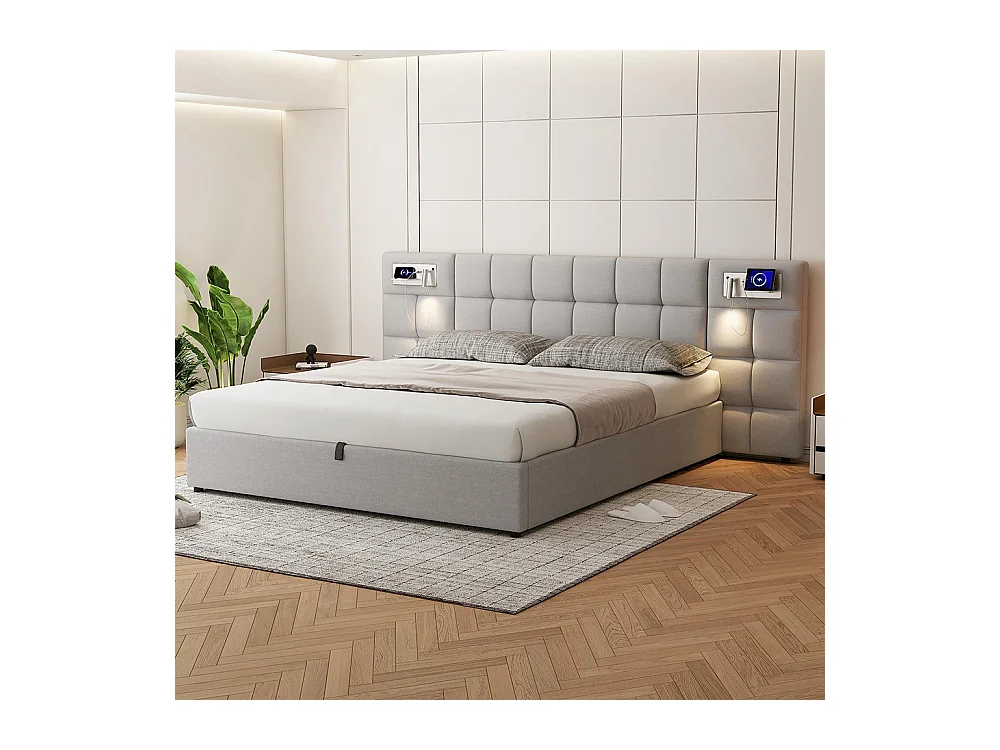 Lit coffre 180x200 cm Hydraulique avec USB Wireless Charging Lampe Éclairée Espace de Rangement Sommier Bois Montage Facile Lin Gris