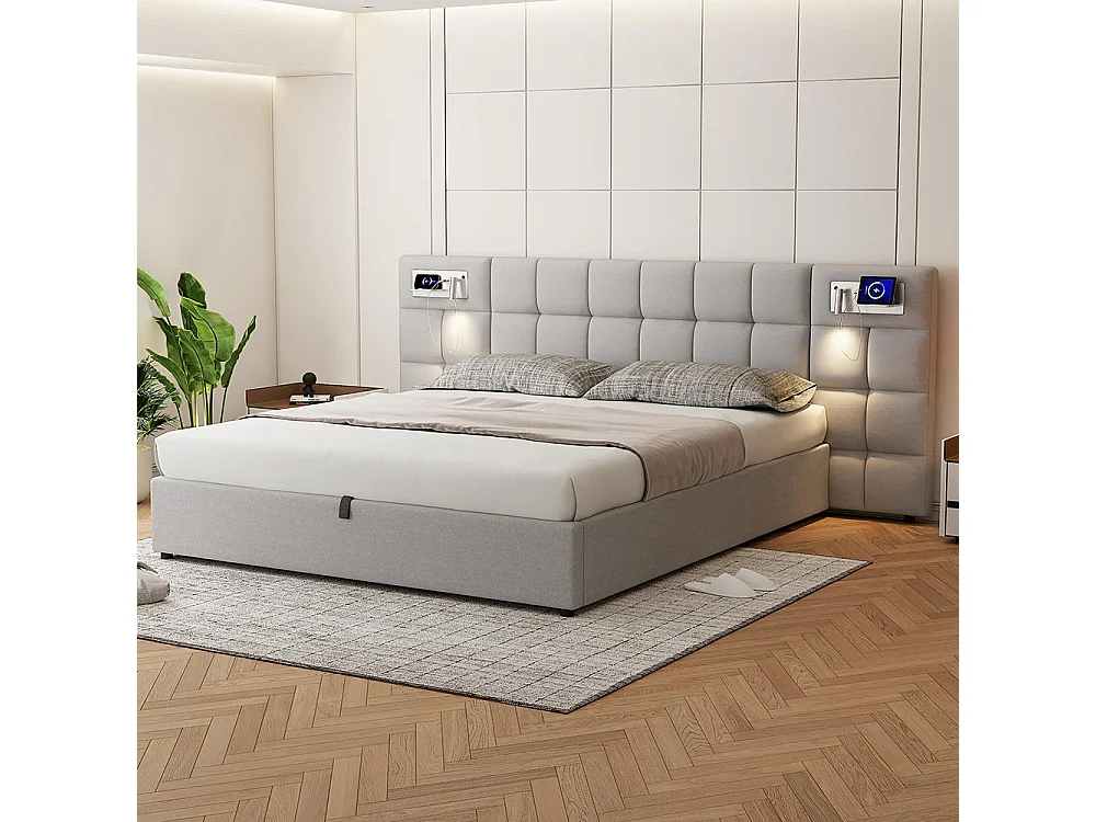 Lit coffre 180x200 cm Hydraulique avec USB Wireless Charging Lampe Éclairée Espace de Rangement Sommier Bois Montage Facile Lin Gris