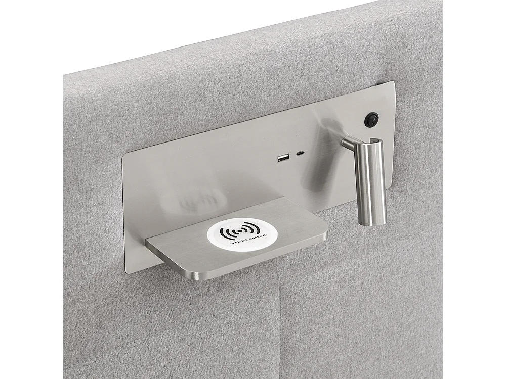 Lit coffre 180x200 cm Hydraulique avec USB Wireless Charging Lampe Éclairée Espace de Rangement Sommier Bois Montage Facile Lin Gris