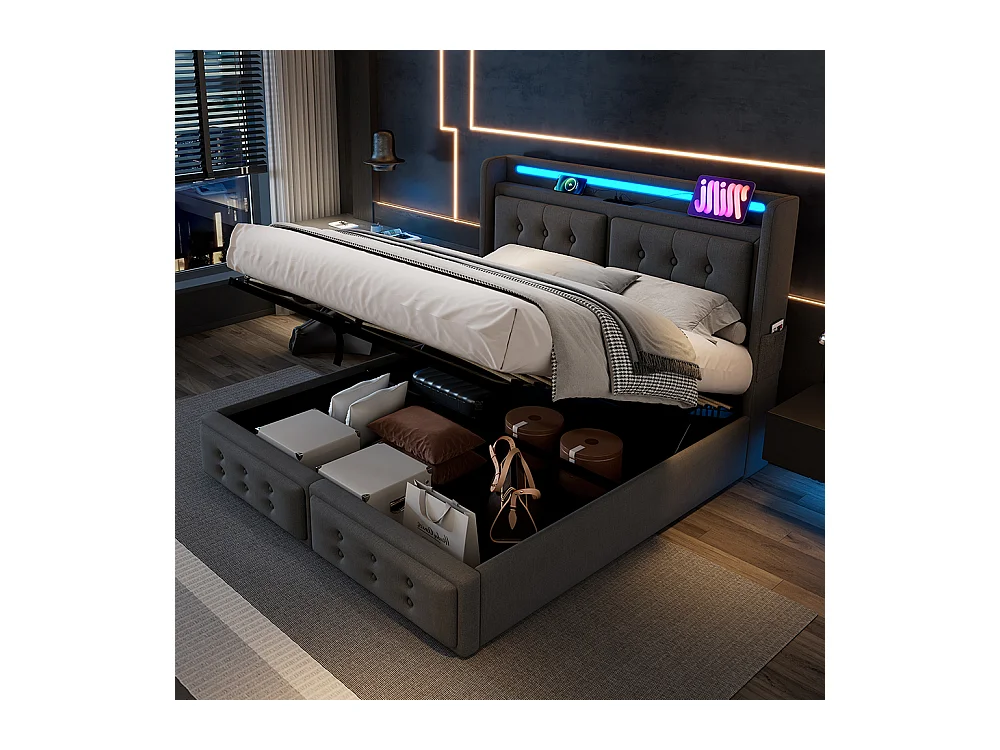 Lit coffre 160x200 avec tête de lit LED et fonction de recharge USB C avec sommier à lattes Sans matelas Cotton Gris