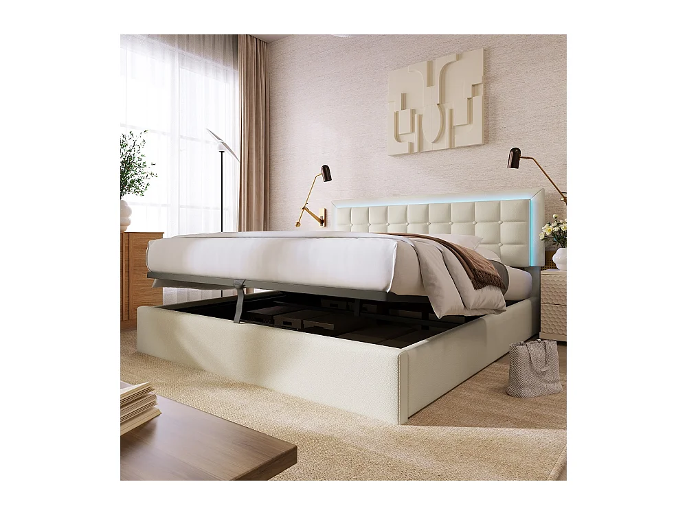 Lit adulte lit led double cadre de lit avec espace de rangement lit 160x200 cm revêtement en simili-cuir blanc